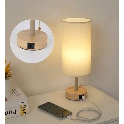 Brilagi - Pöytälamppu USB-portilla TABLON 1xE27/25W/230V tammi/beige/kerma