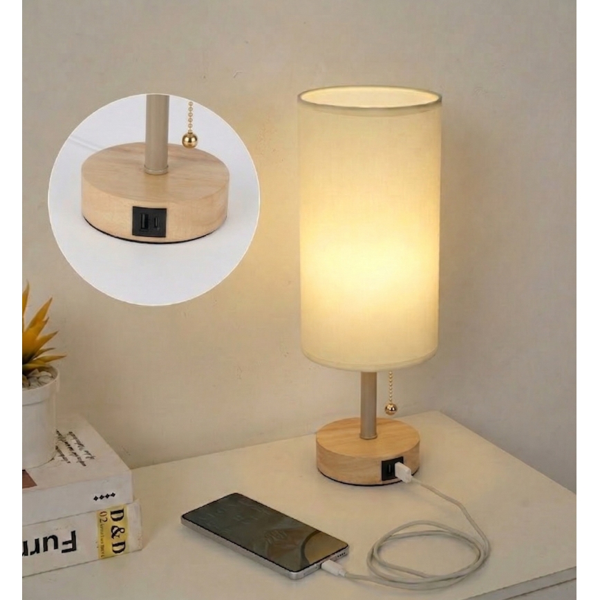 Brilagi - Pöytälamppu USB-portilla TABLON 1xE27/25W/230V tammi/beige/kerma