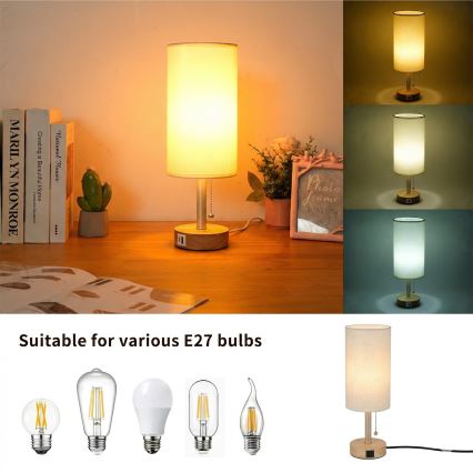 Brilagi - Pöytälamppu USB-portilla TABLON 1xE27/25W/230V tammi/beige/kerma