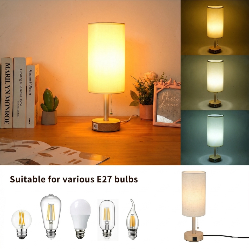 Brilagi - Pöytälamppu USB-portilla TABLON 1xE27/25W/230V tammi/beige/kerma