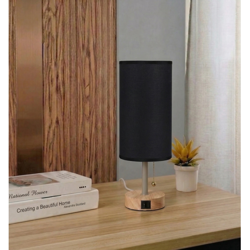 Brilagi - Pöytälamppu USB-portilla TABLON 1xE27/25W/230V tammi/beige/musta