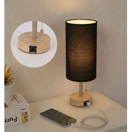 Brilagi - Pöytälamppu USB-portilla TABLON 1xE27/25W/230V tammi/beige/musta