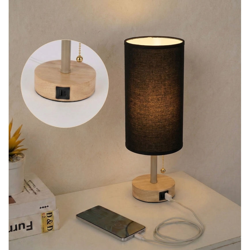 Brilagi - Pöytälamppu USB-portilla TABLON 1xE27/25W/230V tammi/beige/musta