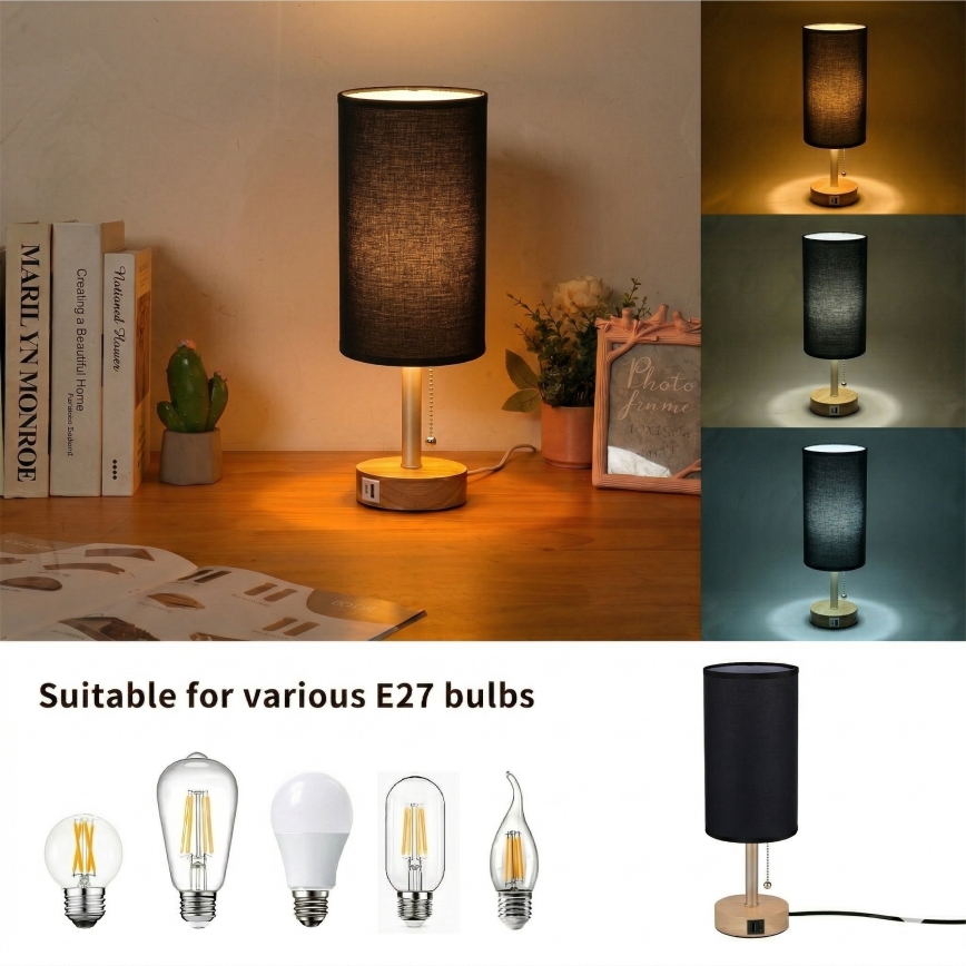 Brilagi - Pöytälamppu USB-portilla TABLON 1xE27/25W/230V tammi/beige/musta