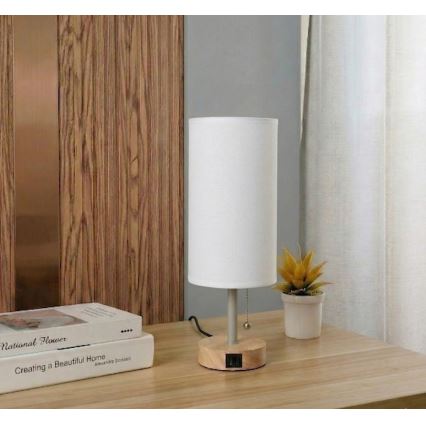Brilagi - Pöytälamppu USB-portilla TABLON 1xE27/25W/230V tammi/beige/valkoinen