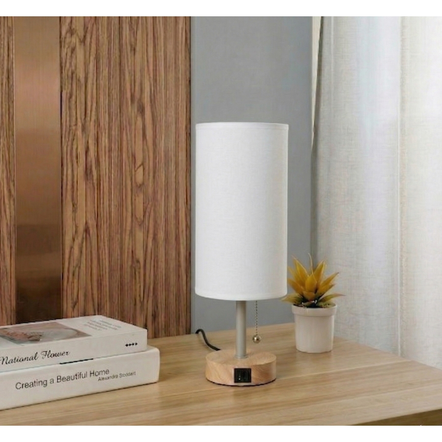 Brilagi - Pöytälamppu USB-portilla TABLON 1xE27/25W/230V tammi/beige/valkoinen