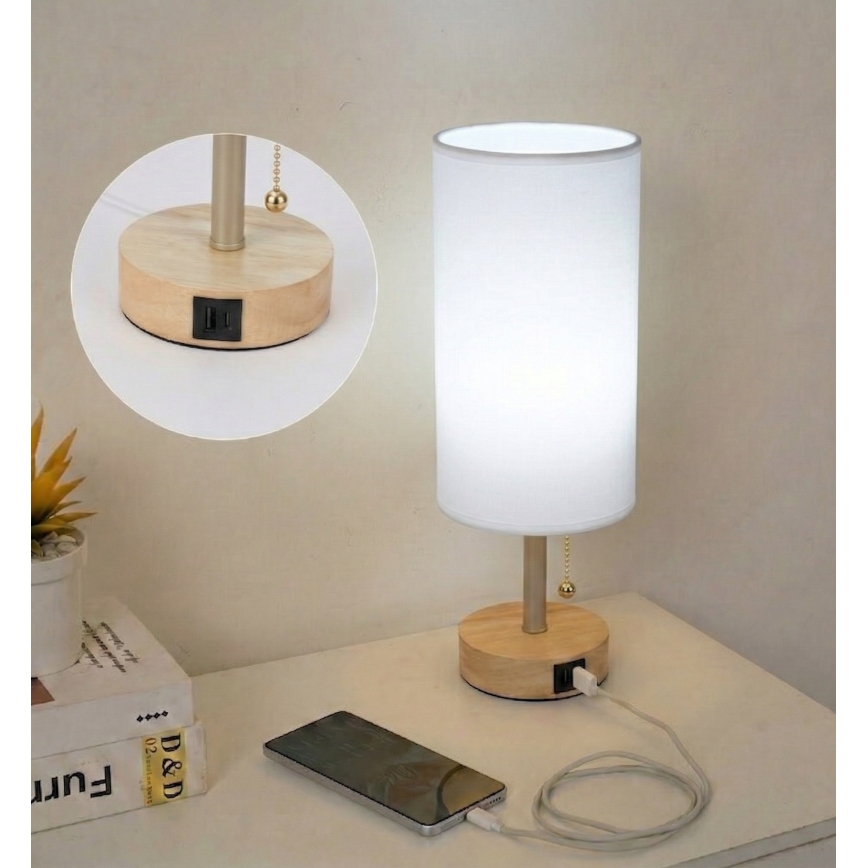 Brilagi - Pöytälamppu USB-portilla TABLON 1xE27/25W/230V tammi/beige/valkoinen
