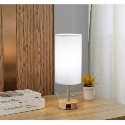 Brilagi - Pöytälamppu USB-portilla TABLON 1xE27/25W/230V tammi/beige/valkoinen