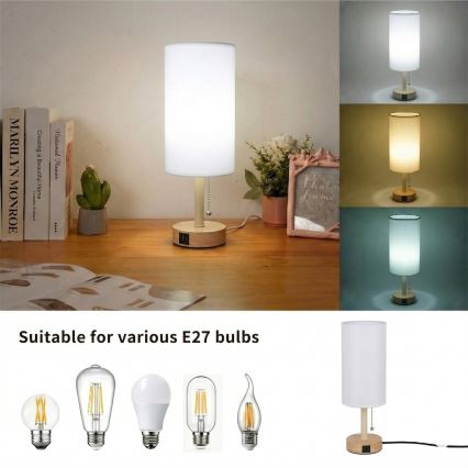 Brilagi - Pöytälamppu USB-portilla TABLON 1xE27/25W/230V tammi/beige/valkoinen