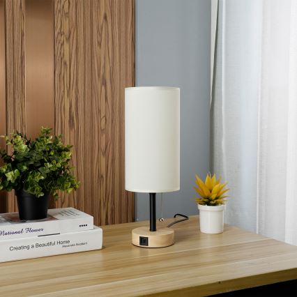 Brilagi - Pöytälamppu USB-portilla TABLON 1xE27/25W/230V tammi/musta/kerma