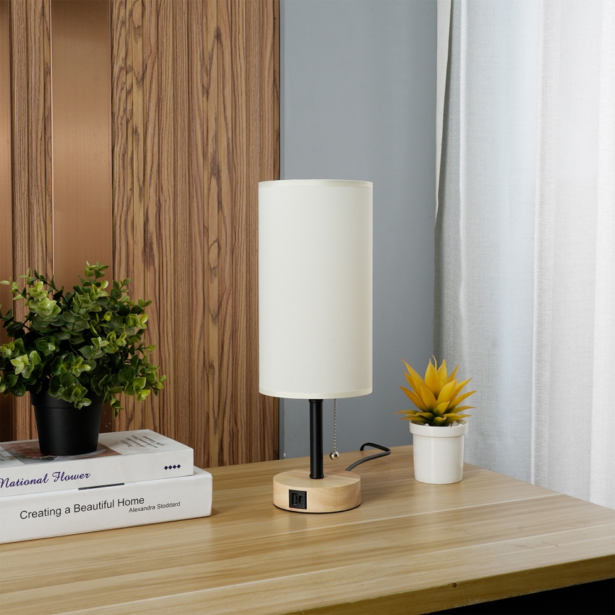 Brilagi - Pöytälamppu USB-portilla TABLON 1xE27/25W/230V tammi/musta/kerma