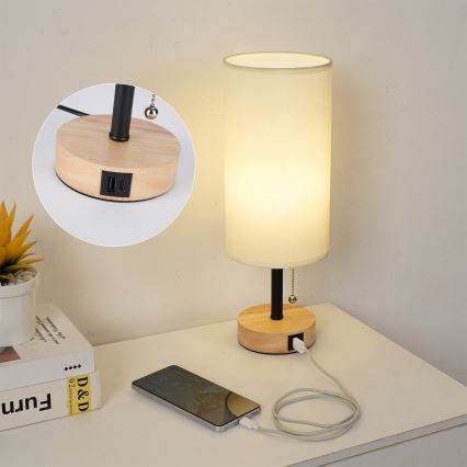 Brilagi - Pöytälamppu USB-portilla TABLON 1xE27/25W/230V tammi/musta/kerma