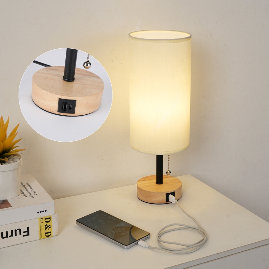 Brilagi - Pöytälamppu USB-portilla TABLON 1xE27/25W/230V tammi/musta/kerma