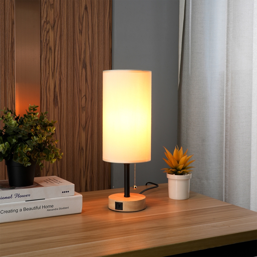 Brilagi - Pöytälamppu USB-portilla TABLON 1xE27/25W/230V tammi/musta/kerma