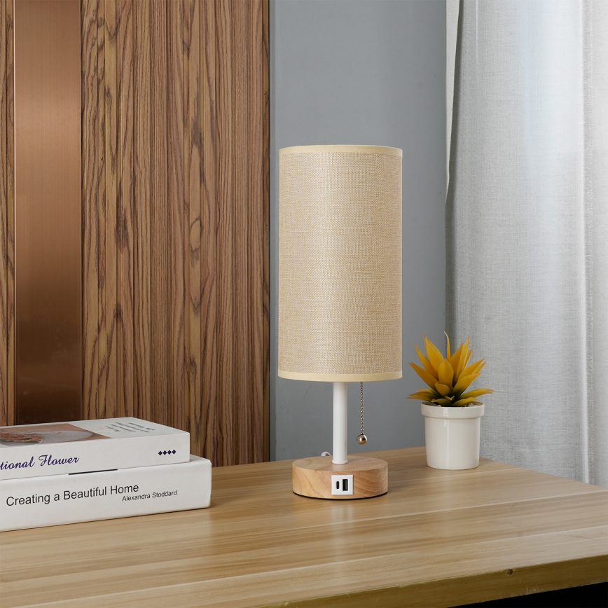 Brilagi - Pöytälamppu USB-portilla TABLON 1xE27/25W/230V tammi/valkoinen/beige