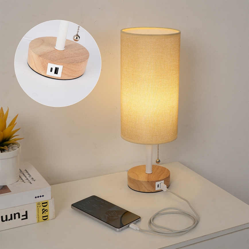 Brilagi - Pöytälamppu USB-portilla TABLON 1xE27/25W/230V tammi/valkoinen/beige