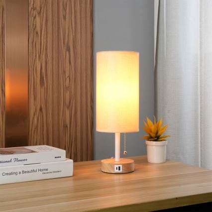 Brilagi - Pöytälamppu USB-portilla TABLON 1xE27/25W/230V tammi/valkoinen/beige
