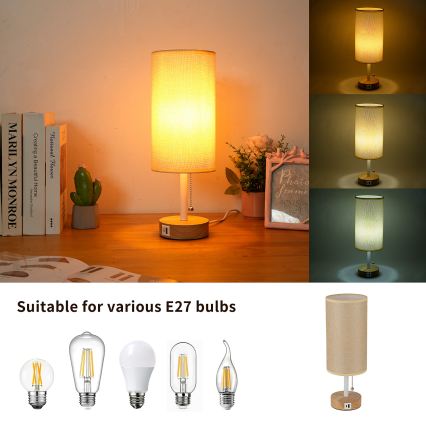 Brilagi - Pöytälamppu USB-portilla TABLON 1xE27/25W/230V tammi/valkoinen/beige