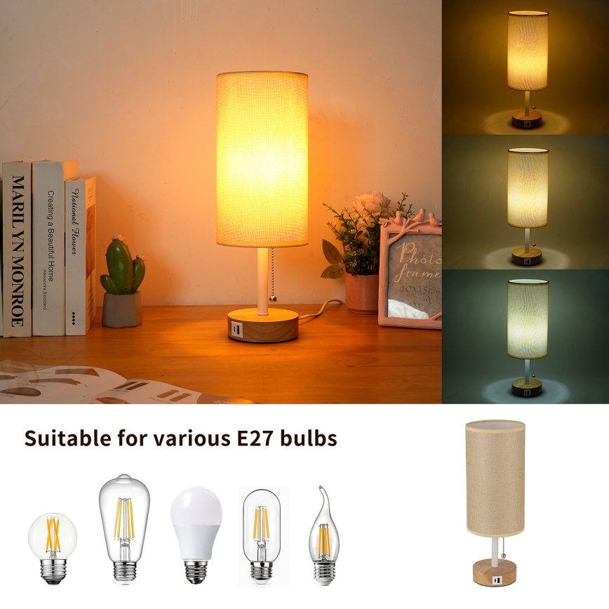 Brilagi - Pöytälamppu USB-portilla TABLON 1xE27/25W/230V tammi/valkoinen/beige