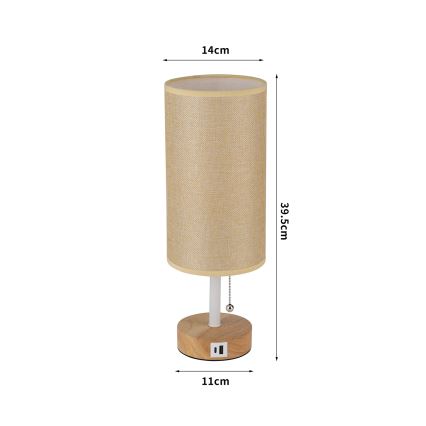 Brilagi - Pöytälamppu USB-portilla TABLON 1xE27/25W/230V tammi/valkoinen/beige