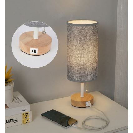 Brilagi - Pöytälamppu USB-portilla TABLON 1xE27/25W/230V tammi/valkoinen/harmaa