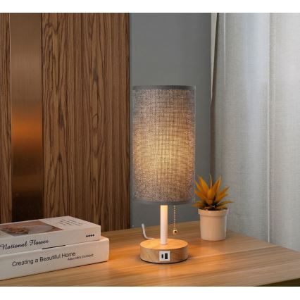 Brilagi - Pöytälamppu USB-portilla TABLON 1xE27/25W/230V tammi/valkoinen/harmaa