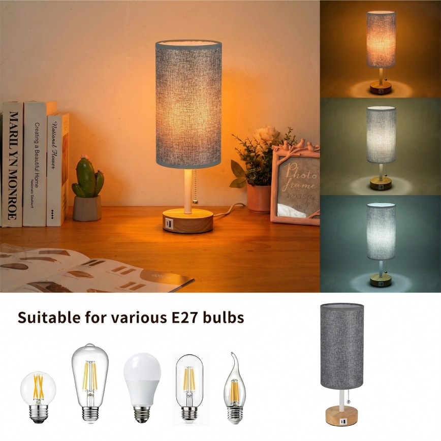 Brilagi - Pöytälamppu USB-portilla TABLON 1xE27/25W/230V tammi/valkoinen/harmaa