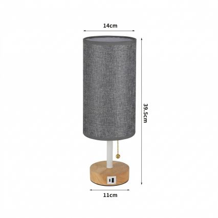 Brilagi - Pöytälamppu USB-portilla TABLON 1xE27/25W/230V tammi/valkoinen/harmaa