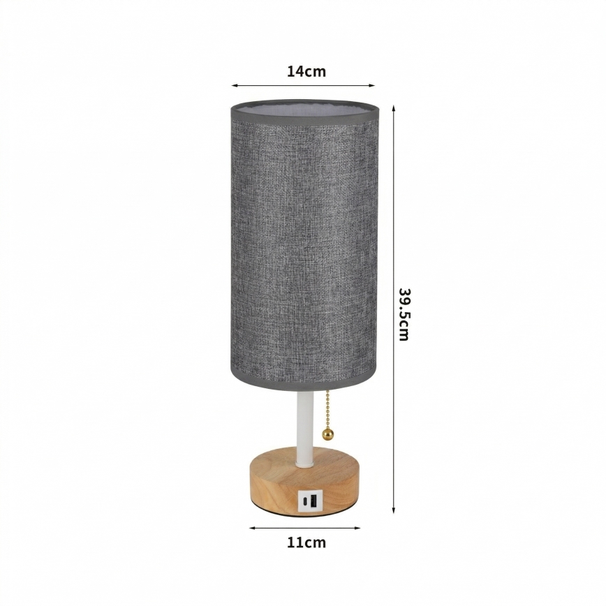 Brilagi - Pöytälamppu USB-portilla TABLON 1xE27/25W/230V tammi/valkoinen/harmaa