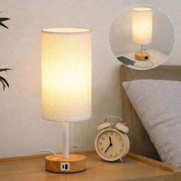 Brilagi - Pöytälamppu USB-portilla TABLON 1xE27/25W/230V tammi/valkoinen