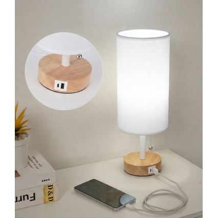 Brilagi - Pöytälamppu USB-portilla TABLON 1xE27/25W/230V tammi/valkoinen