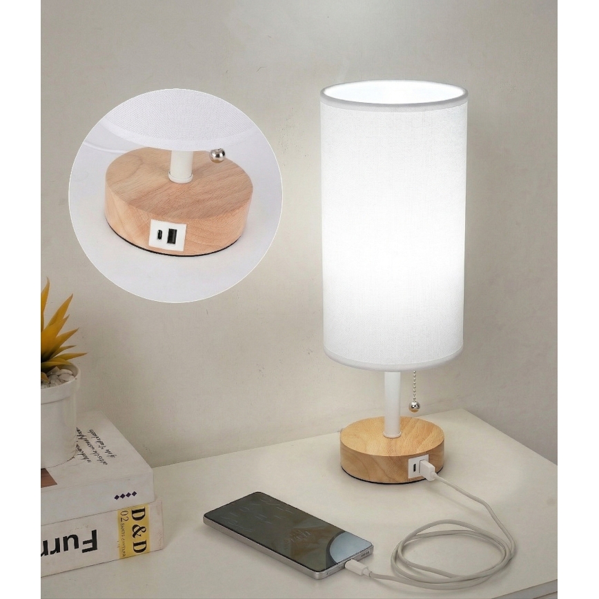 Brilagi - Pöytälamppu USB-portilla TABLON 1xE27/25W/230V tammi/valkoinen