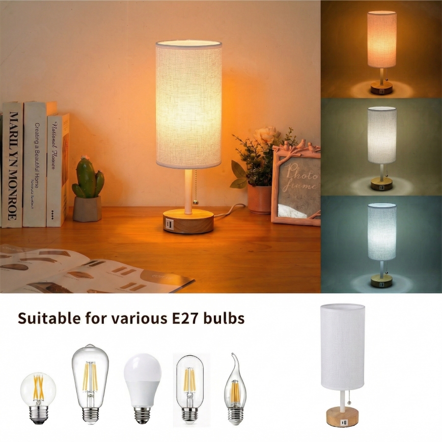 Brilagi - Pöytälamppu USB-portilla TABLON 1xE27/25W/230V tammi/valkoinen