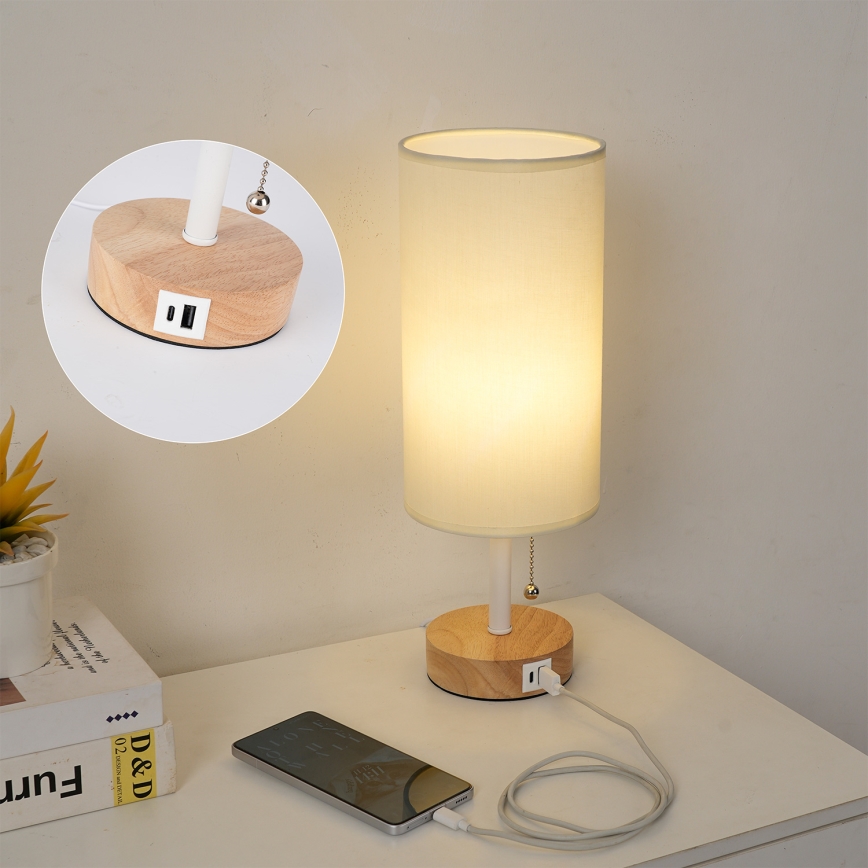 Brilagi - Pöytälamppu USB-portilla TABLON 1xE27/25W/230V tammi/valkoinen/kerma
