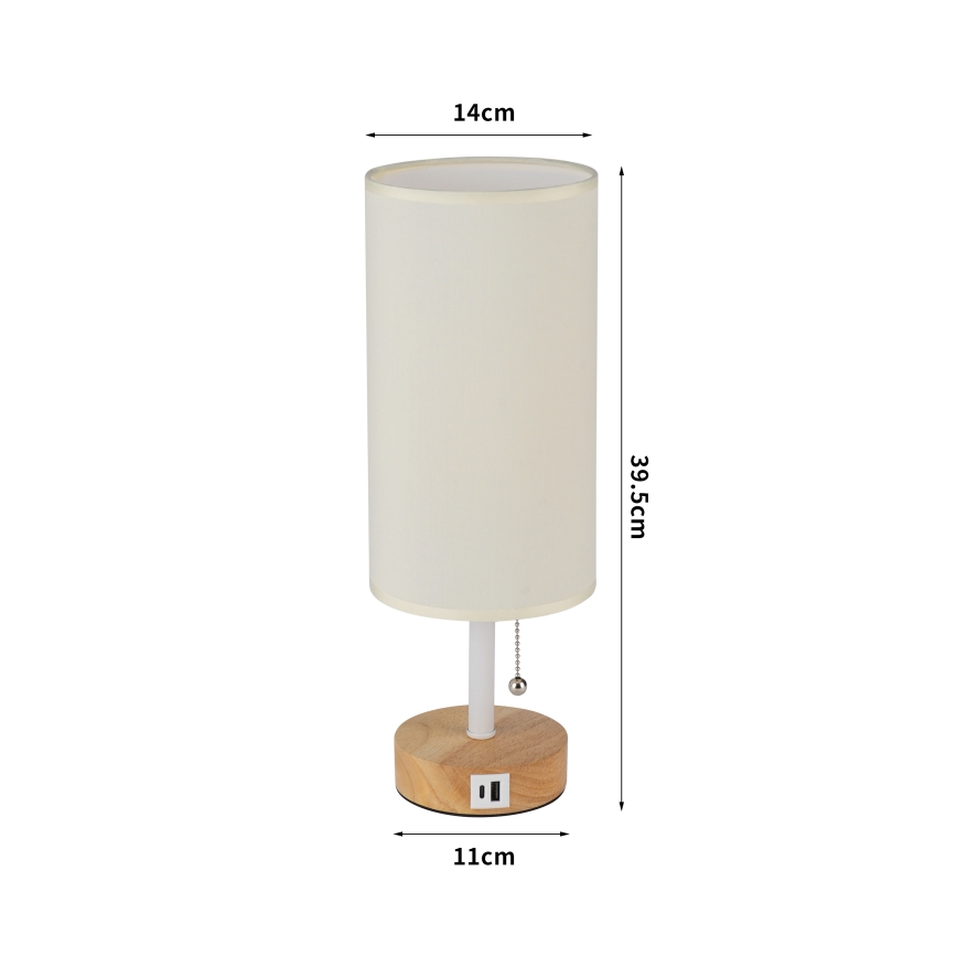 Brilagi - Pöytälamppu USB-portilla TABLON 1xE27/25W/230V tammi/valkoinen/kerma
