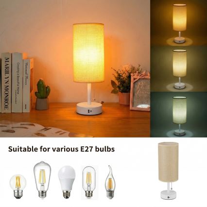 Brilagi - Pöytälamppu USB-portilla TABLON 1xE27/25W/230V valkoinen/beige