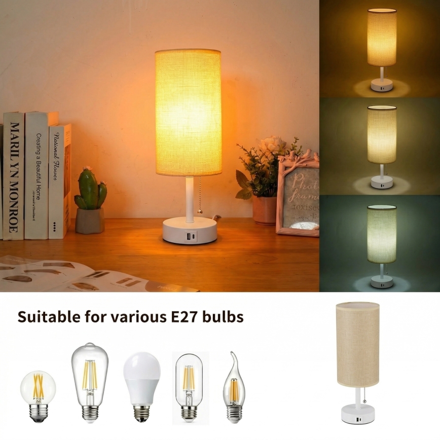 Brilagi - Pöytälamppu USB-portilla TABLON 1xE27/25W/230V valkoinen/beige