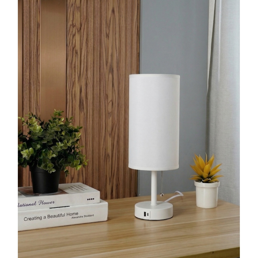 Brilagi - Pöytälamppu USB-portilla TABLON 1xE27/25W/230V valkoinen