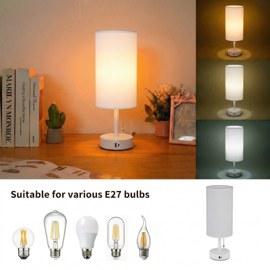 Brilagi - Pöytälamppu USB-portilla TABLON 1xE27/25W/230V valkoinen