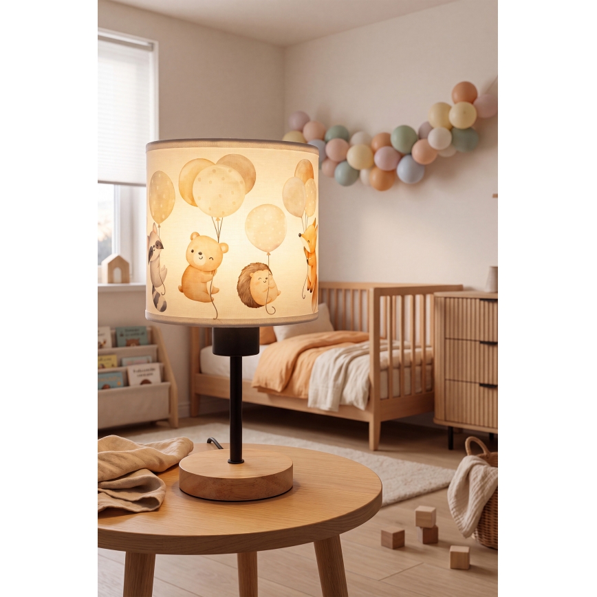 Brilagi - Lasten pöytälamppu BOBO WOOD 1xE27/25W/230V tammi/musta/valkoinen/eläinkuviot