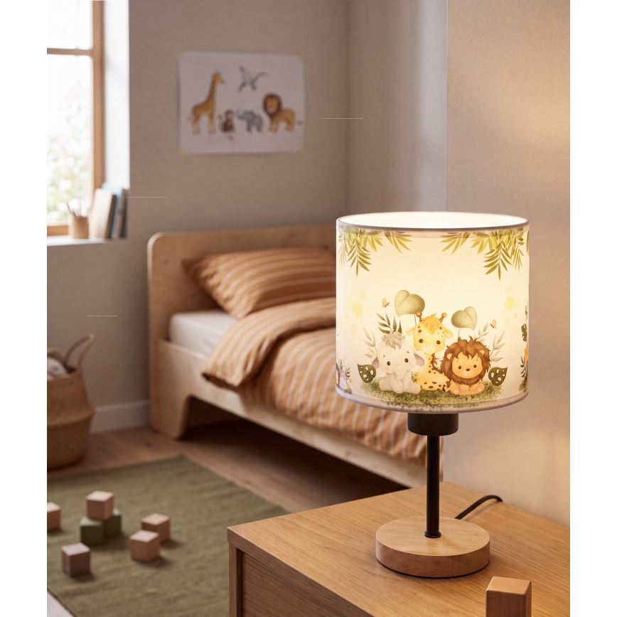 BRILAGI - Lasten pöytälamppu BOBO WOOD 1xE27/25W/230V tammi/musta/valkoinen/vihreä/viidakkokuosi