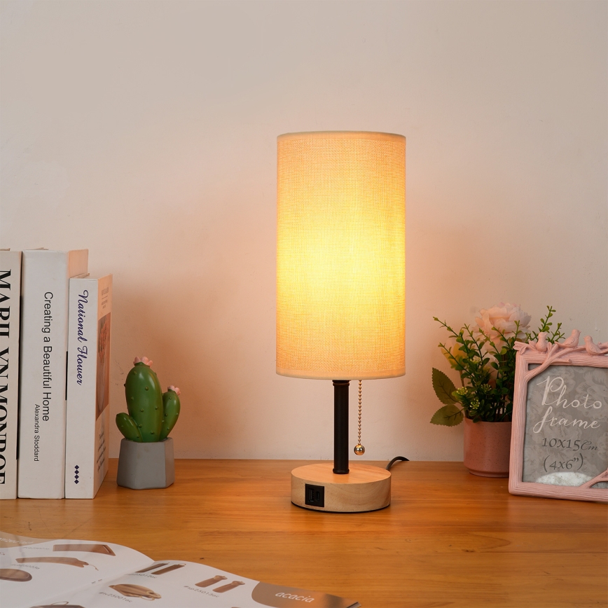 Brilagi - Pöytävalaisin TABLON USB-portilla 1xE27/25W/230V tammi/musta/beige