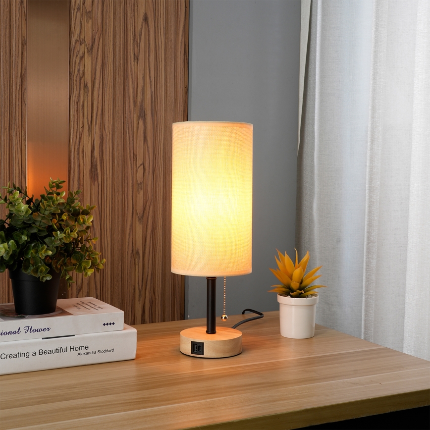 Brilagi - Pöytävalaisin TABLON USB-portilla 1xE27/25W/230V tammi/musta/beige