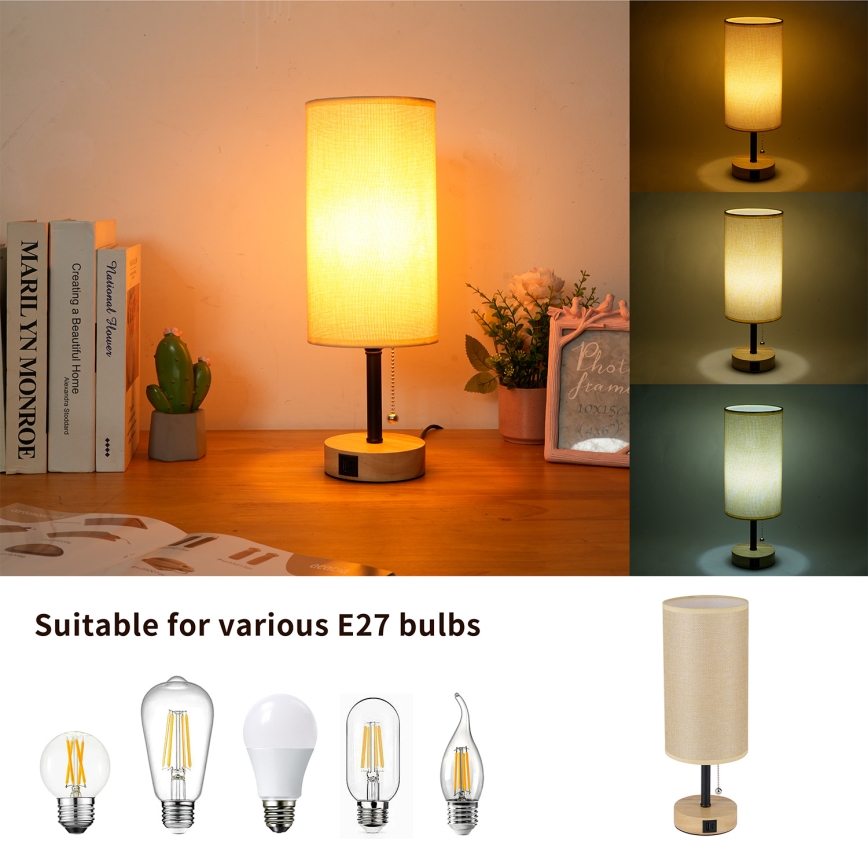 Brilagi - Pöytävalaisin TABLON USB-portilla 1xE27/25W/230V tammi/musta/beige