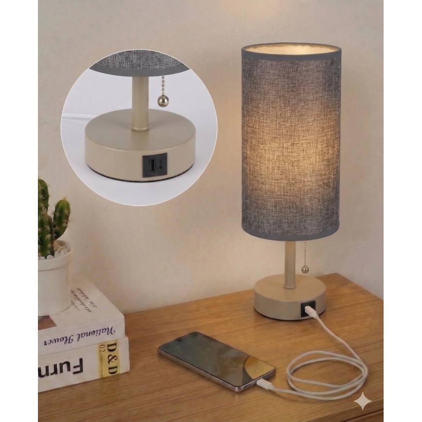 Brilagi - Pöytävalaisin USB-portilla TABLON 1xE27/25W/230V beige/harmaa