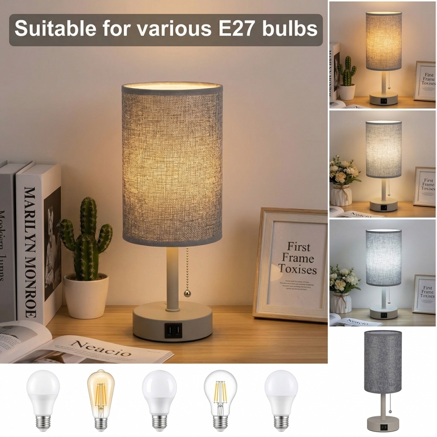 Brilagi - Pöytävalaisin USB-portilla TABLON 1xE27/25W/230V beige/harmaa