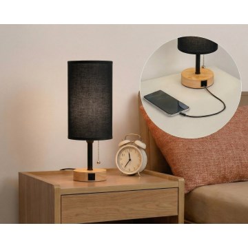 Brilagi - Pöytävalaisin USB-portilla TABLON 1xE27/25W/230V tammi/musta