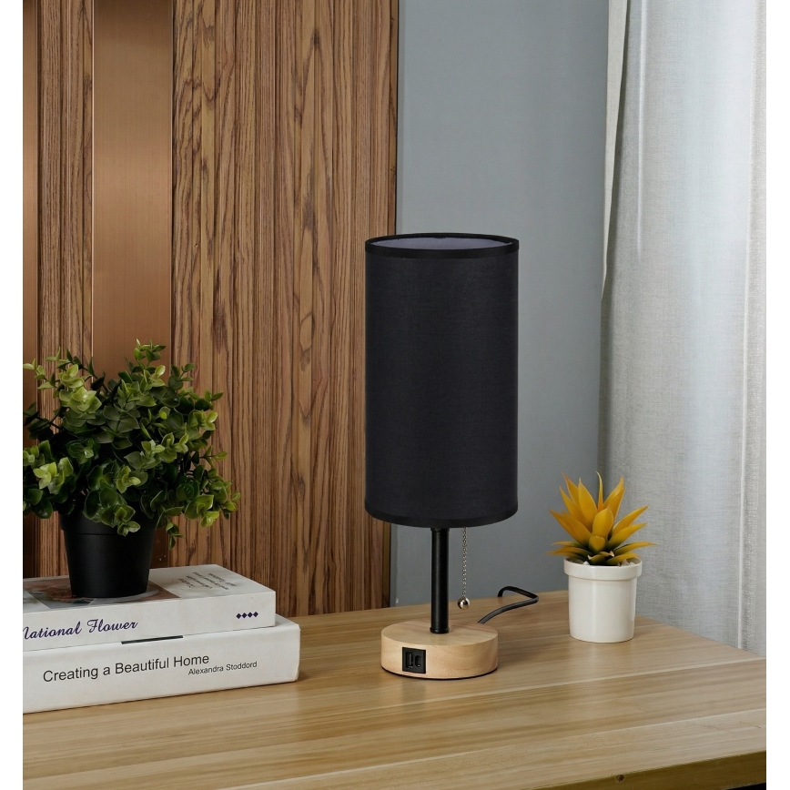 Brilagi - Pöytävalaisin USB-portilla TABLON 1xE27/25W/230V tammi/musta