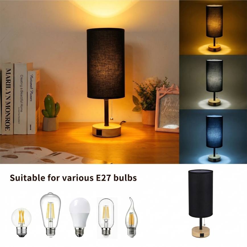 Brilagi - Pöytävalaisin USB-portilla TABLON 1xE27/25W/230V tammi/musta