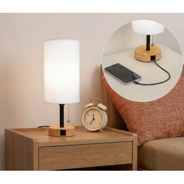Brilagi - Pöytävalaisin USB-portilla TABLON 1xE27/25W/230V tammi/musta/valkoinen